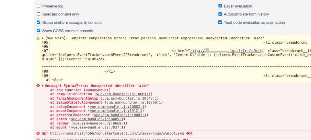 Screenshot of more helpful Vue error showing context for the white screen